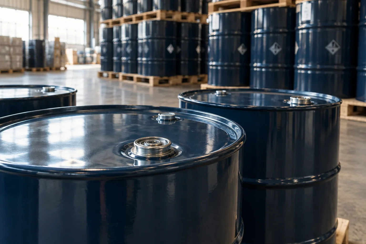 Illustrative sealed chemical drums on warehouse pallets