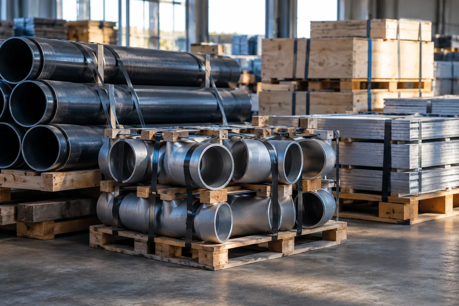 Illustrative steel hardware and building materials ready for dispatch