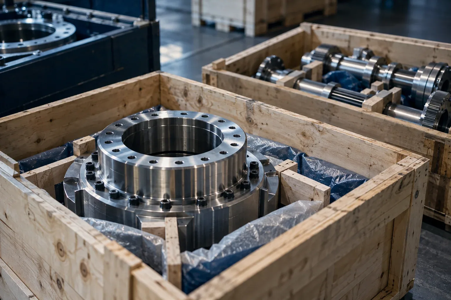 Illustrative automotive and engineering parts in shipping crates