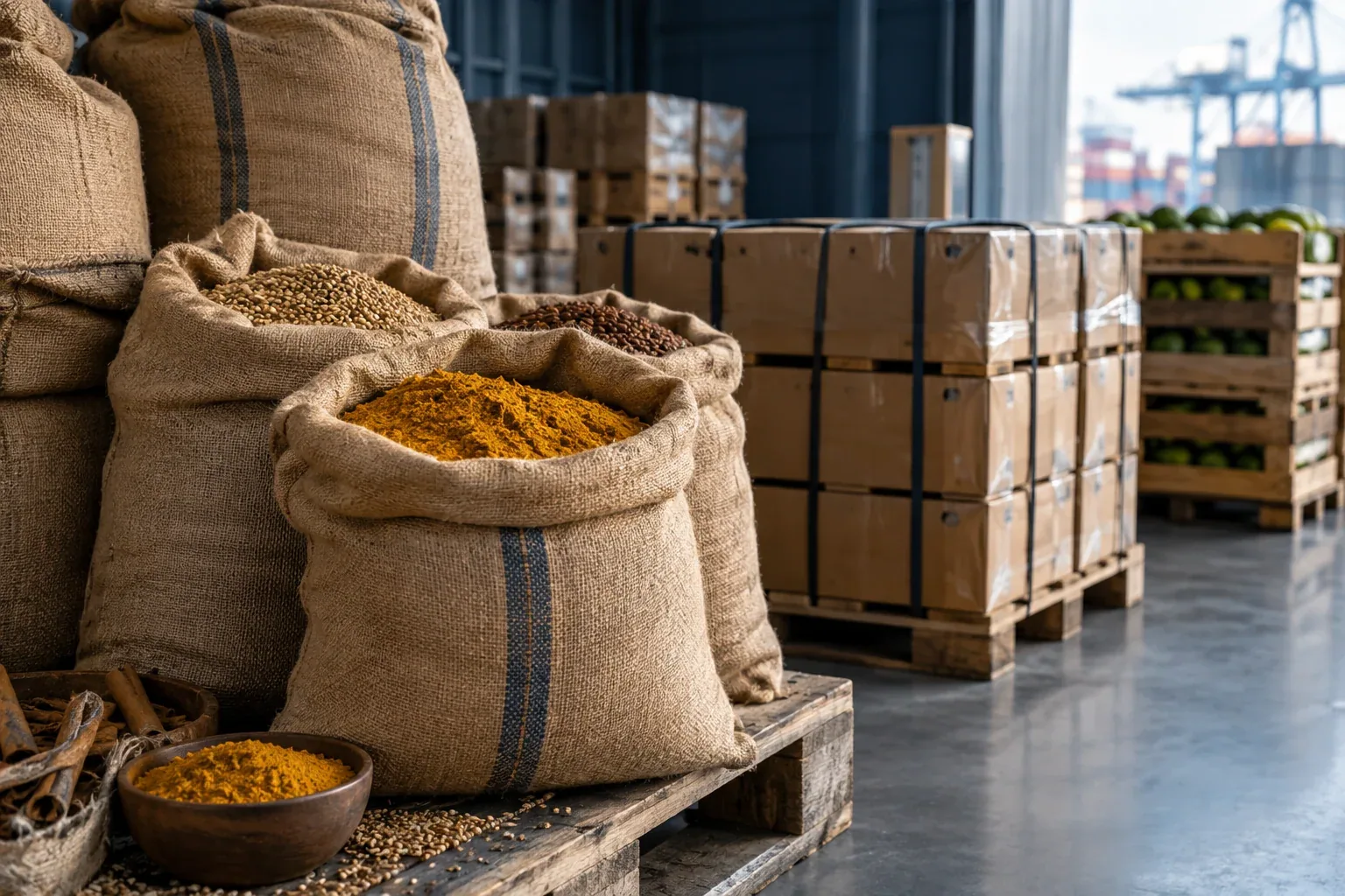 Illustrative spices and agricultural goods prepared for export