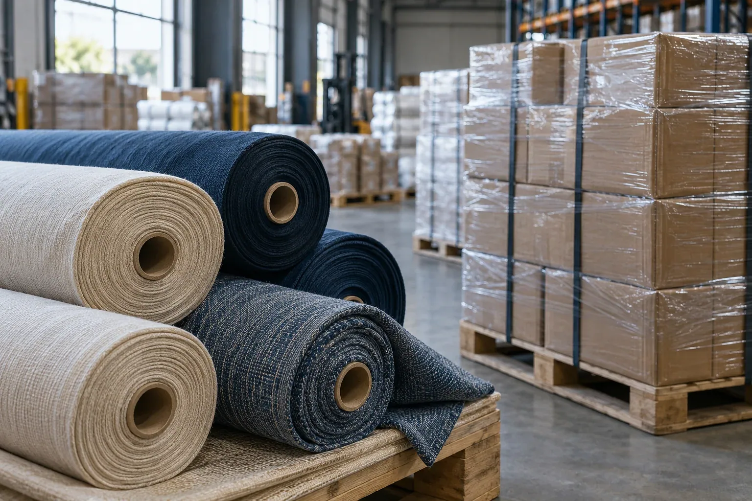 Illustrative fabric rolls and consumer goods cartons for export