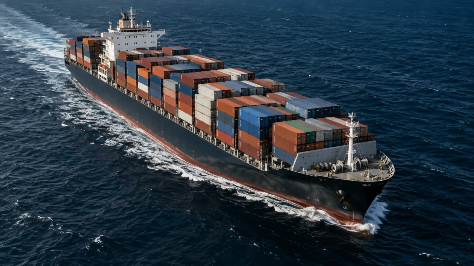 Illustrative aerial view of a container vessel crossing the ocean