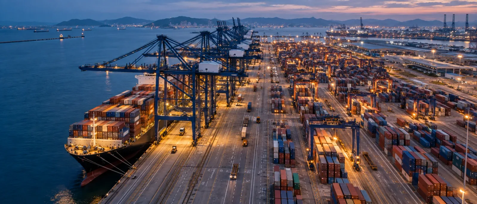 Illustrative panoramic view of a working international container terminal