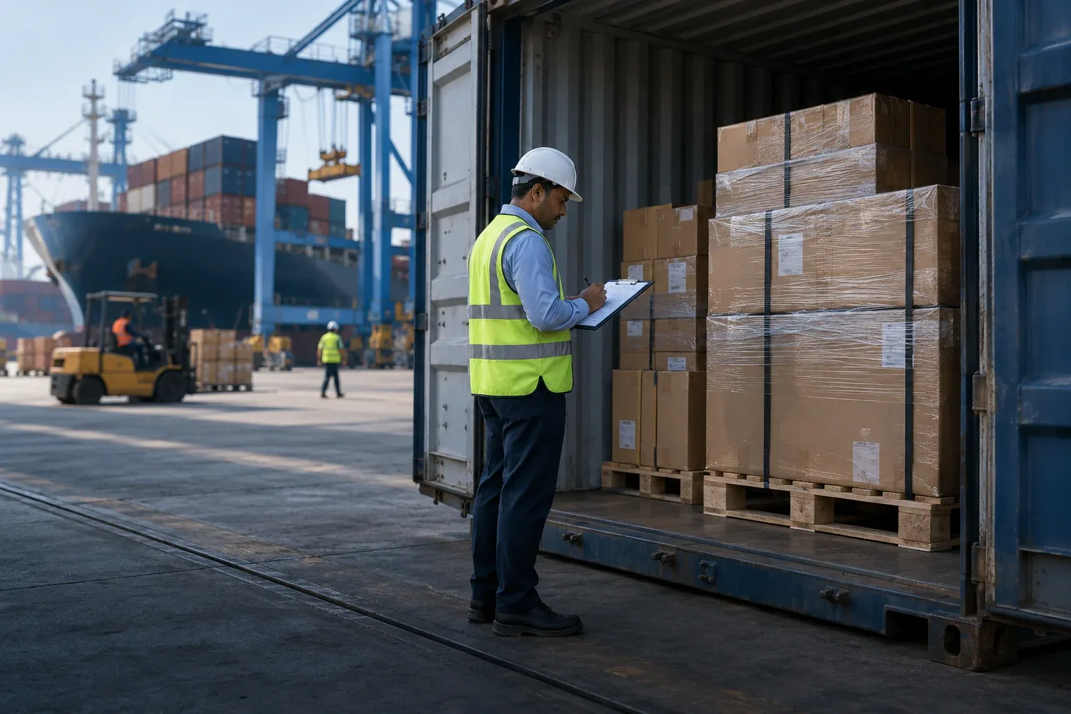 Illustrative customs inspection of palletised cargo inside a shipping container