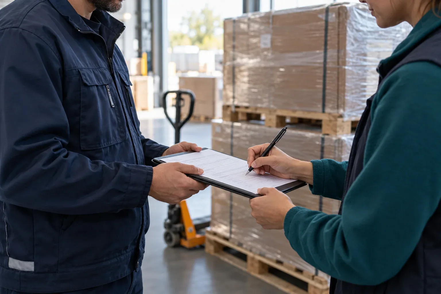 Illustrative proof-of-delivery signing beside delivered warehouse cargo
