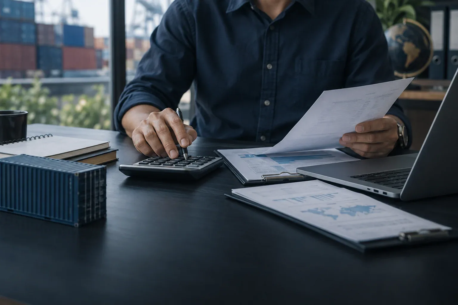 Illustrative freight quotation preparation with a calculator and shipping documents